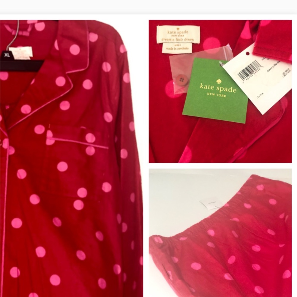 Kate Spade Red Pink Flannel Pajama Set L XLNew - Picture 4 of 8